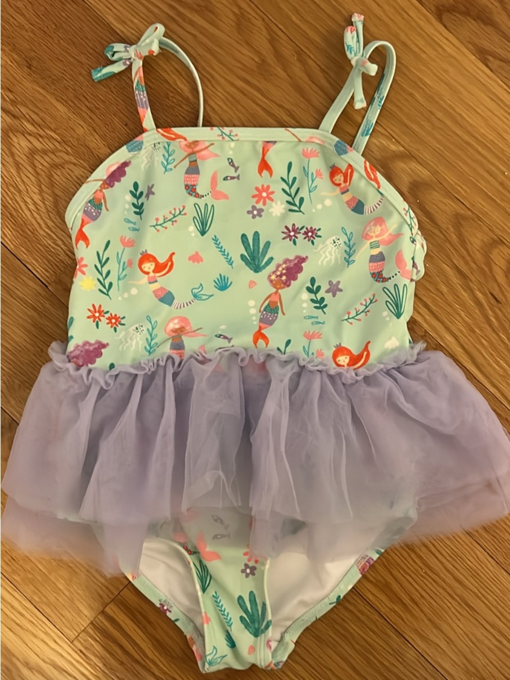 RuffleButts Mint Swimsuit with Lavender Tulle Skirt